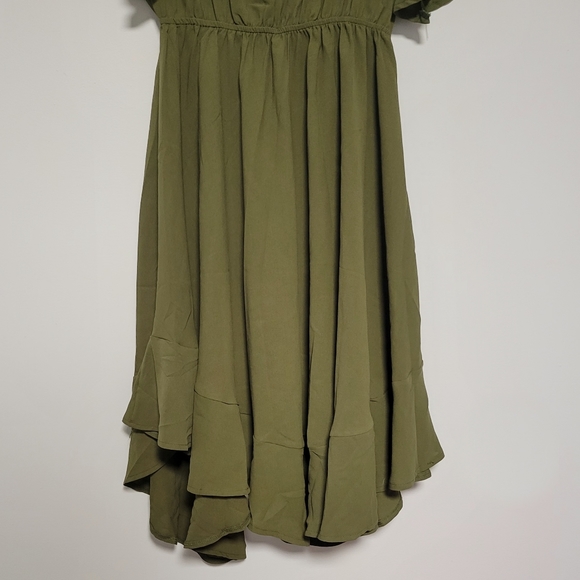 Olive Ruffle Hem Dress Army Green Batwing Sleeve Scoop Neck Asym L - Picture 4 of 7